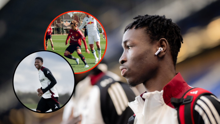 Sekou Kone in Manchester United tracksuit before first-team game. Inset Chido Obi during first team training smiles at camera. Inset Amir Ibragimov...