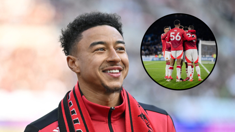 Jesse Lingard smiles into the distance past camera. Inset Manchester United celebrate Bruno Fernandes' goal against Leicester City.