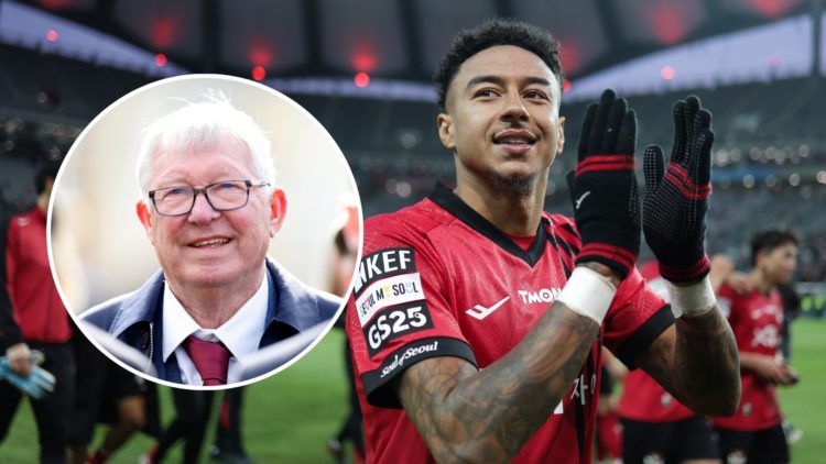 Image of Jesse Lingard celebrating after a 2-0 win for Seoul FC in the K-league game with inset image of Sir Alex Ferguson