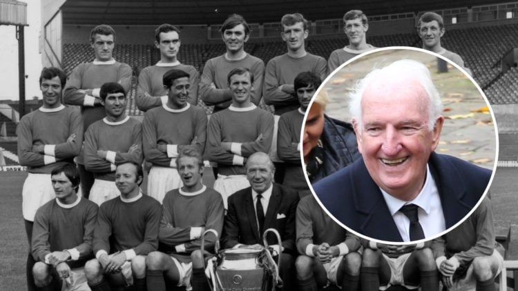 The Manchester United team at Old Trafford, Manchester, with the European Cup and an inset of Alex Stepney smiling.