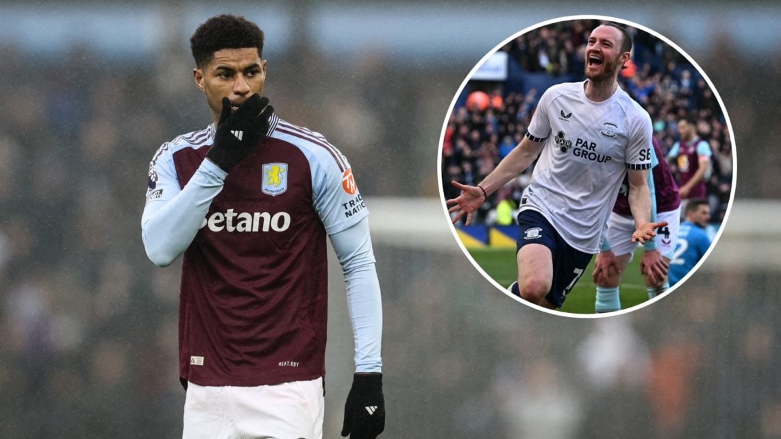 Manchester United loanee Marcus Rashford in action for Aston Villa against Ipswich Town. Inset, Preston North End striker Will Keane celebrates sco...