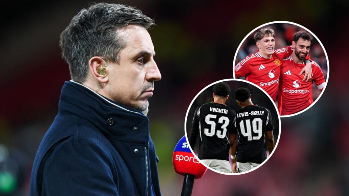 Presenter Gary Neville during a Premier League match, with two insets of Arsenal players Ethan Nwaneri and Myles Lewis-Skelly, Alejandro Garnacho a...