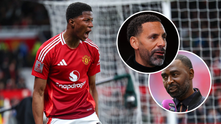 Chido Obi reacts during Manchester United vs Fulham. Rio Ferdinand and Andy Cole headshot images inset.