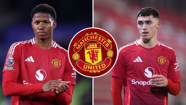 Split image of Manchester United players Chido Obi and James Scanlon with the Manchester United badge
