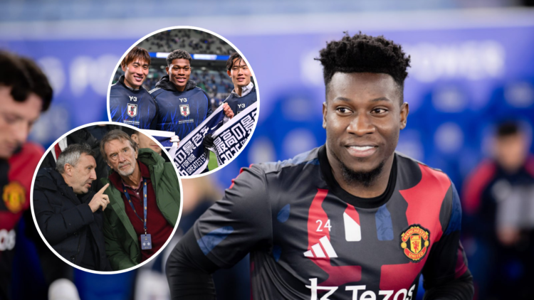 Andre Onana runs out onto the pitch at the King Power Stadium for Manchester United in training gear. Inset, Sir Jim Ratcliffe and Jason Wilcox in ...
