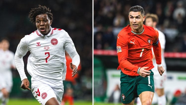 Split image of Patrick Dorgu (left) and Cristiano Ronaldo (right) from the last night's game between Denmark and Portugal.