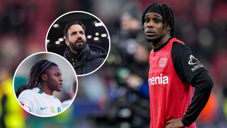 Jeremie Frimpong stands with his hands on his hips during game for Bayer Leverkusen. Inset, Geovany Quenda head shot looking to the side and inset ...