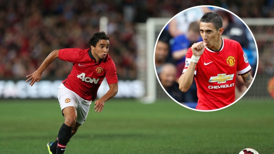 Manchester United's Rafael Da Silva inaction against the A-League All Stars in 2013. Inset, former Manchester United midfielder Angel Di Maria.