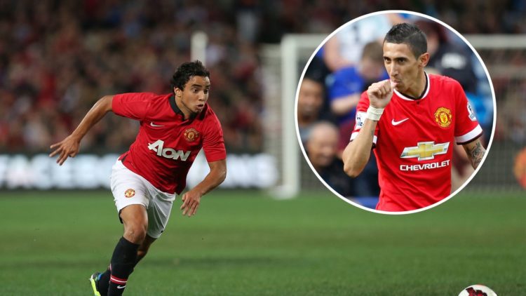 Manchester United's Rafael Da Silva inaction against the A-League All Stars in 2013. Inset, former Manchester United midfielder Angel Di Maria.