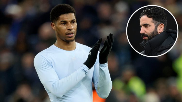 Marcus Rashford of Aston Villa celebrates after winning the UEFA Champions League 2024/25 UEFA Champions League 2024/25 Round of 16 Second Leg matc...