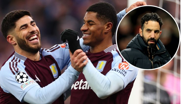 Marco Asensio of Aston Villa celebrates with Marcus Rashford after he scored for 3-0 during the UEFA Champions League 2024/25 UEFA Champions League...