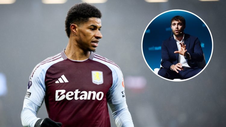 Marcus Rashford of Aston Villa in action during the Premier League match between Aston Villa FC and Ipswich Town FC at Villa Park. Inset Fabrizio R...