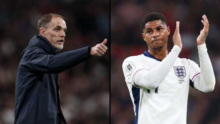 Split image of Marcus Rashford clapping the crowd at Wembley after playing for England and Thomas Tuchel giving a thumbs up.