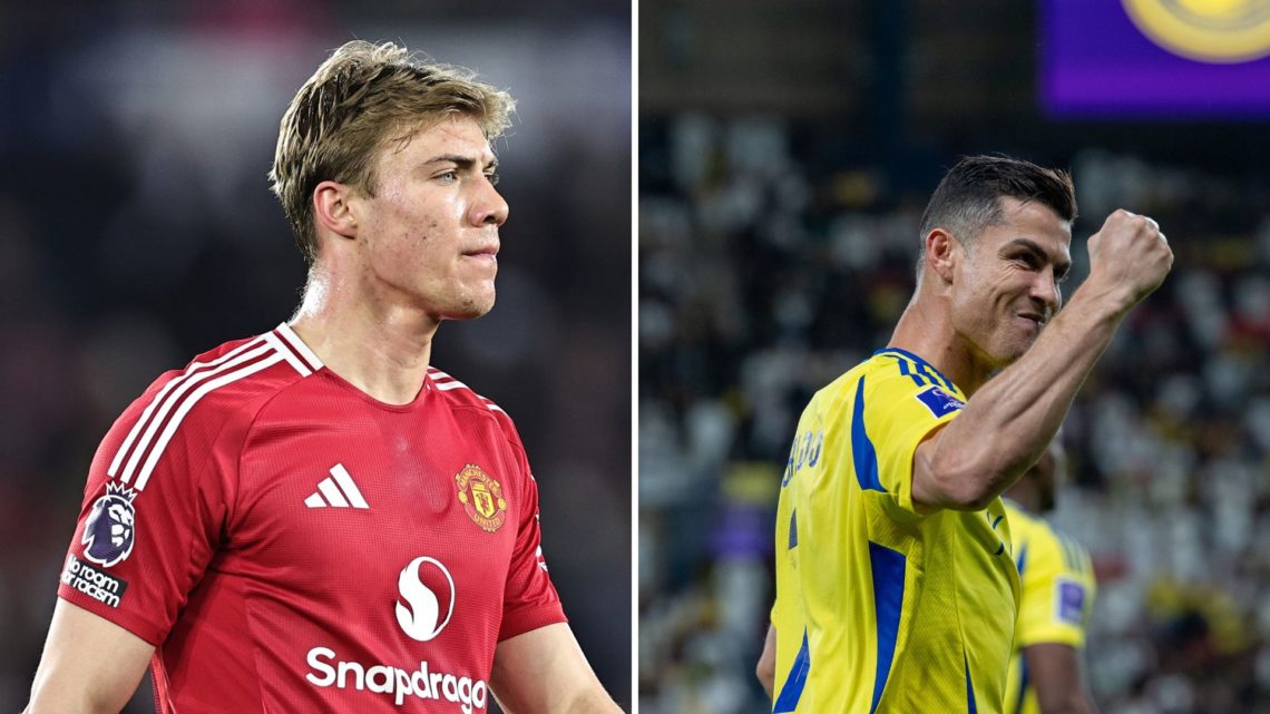 A split image of (L) Manchester United striker Rasmus Hojlund in action against Leicester City and (R) Al-Nassr forward Cristiano Ronaldo.