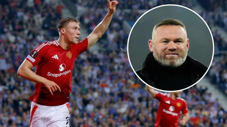 Rasmus Hojlund celebrates scoring for Manchester United against Porto on October 3, 2024. Inset, pundit Wayne Rooney.