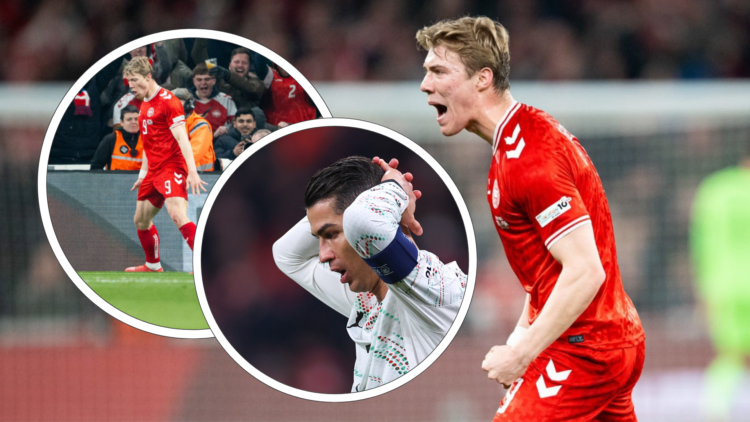 Rasmus Hojlund shouts. Inset, celebrates scoring a goal, inset Cristiano Ronaldo with head in his hands
