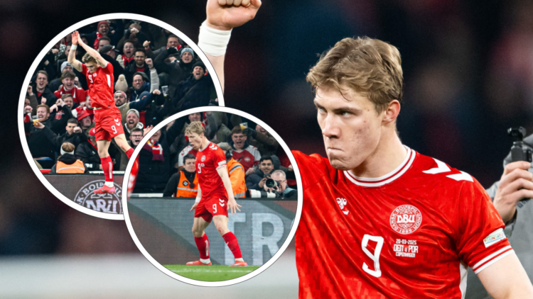 Rasmus Hojlund for Denmark looks stern with arm aloft. Inset, celebrating goal