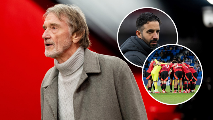 Sir Jim Ratcliffe walking into the Old Trafford tunnel. Overlaid Manchester United squad in a team huddle and Ruben Amorim head shot image.