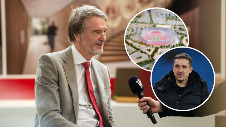 Sir Jim Ratcliffe pictured during interview by Manchester United club media. Overlaid, new Manchester United stadium plans and Gary Neville headshot.