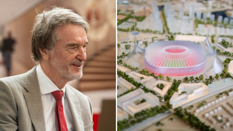 Split image of Sir Jim Ratcliffe and an aerial view of a model version of Manchester United's new world class stadium.