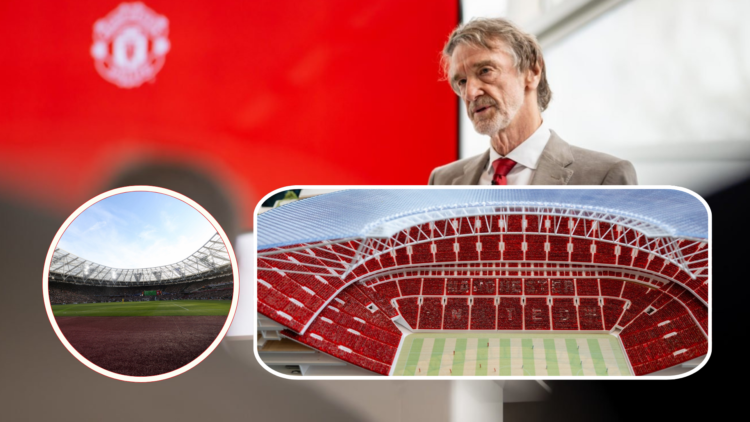 Sir Jim Ratcliffe speaks inset small, West Ham empty stadium, inset big, model of new Manchester United stadium