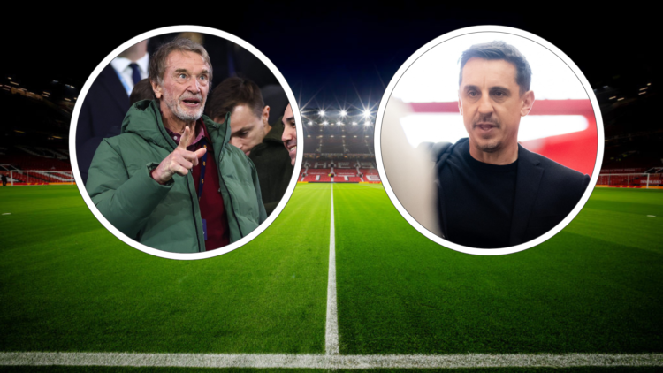 Old Trafford pitch background. Inset, Sir Jim Ratcliffe points, Gary Neville looks surprised