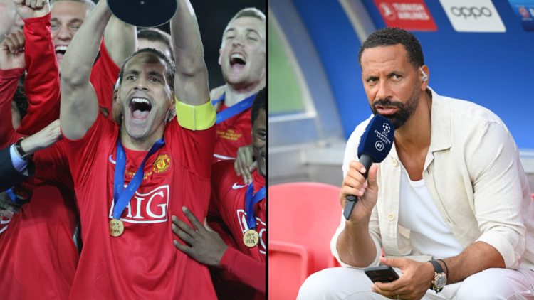 Split image with Rio Ferdinand lifting the Club World Cup for Manchester United in 2008. On right, Ferdinand on punditry for the Champions League, ...