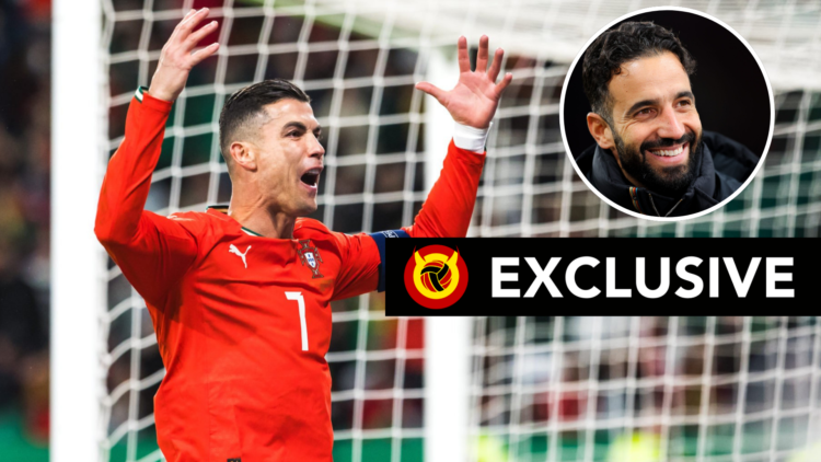Cristiano Ronaldo celebrates for Portugal, Inset Ruben Amorim smiling during Manchester United game. United in Focus exclusive banner overlaid.