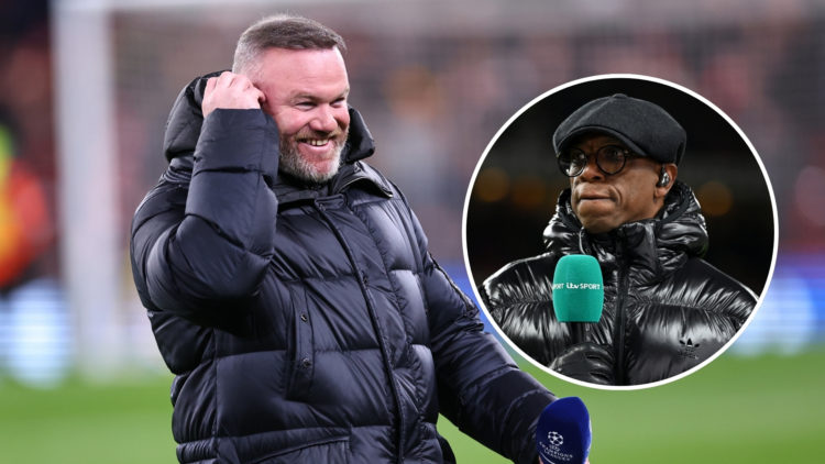 Wayne Rooney working as a TV pundit for Amazon Prime during a UEFA Champions League match, with an inset of Ian Wright prior to an Emirates FA Cup ...