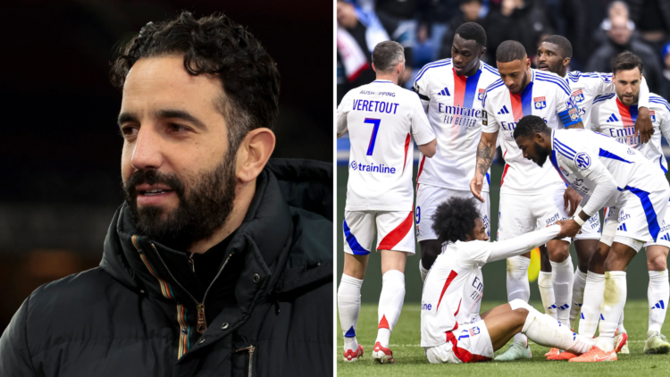 Split image of Manchester United head coach Ruben Amorim and Lyon players.