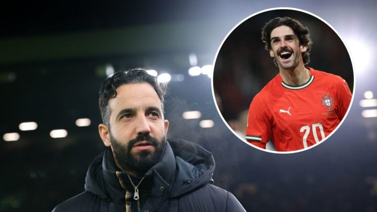 Ruben Amorim, head coach of Manchester United, looks on against Rangers. Inset, Portugal's Francisco Trincao celebrates scoring against Denmark.