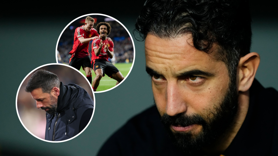 An image of Ruben Amorim (right) with Ruud van Nistelrooy, Joshua Zirkzee and Matthijs de Ligt (left, circled).