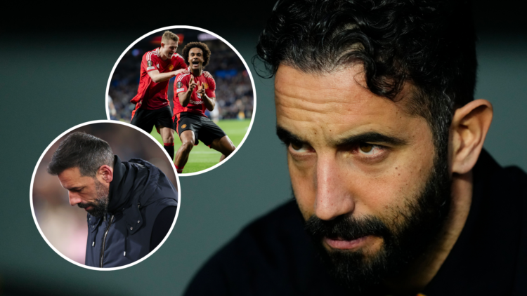 An image of Ruben Amorim (right) with Ruud van Nistelrooy, Joshua Zirkzee and Matthijs de Ligt (left, circled).