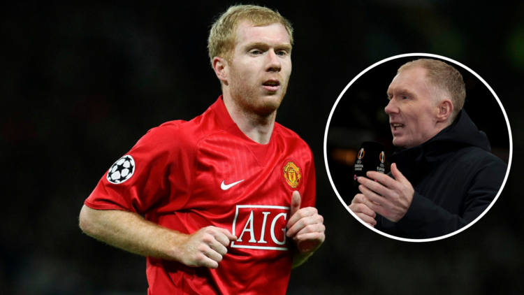 Paul Scholes in action for Manchester United against Barcelona. Inset, Scholes on punditry for TNT Sports.
