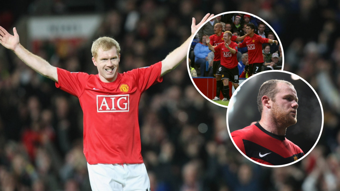 Paul Scholes celebrates scoring with arms outstretched. Inset Wayne Rooney headshot while playing for Manchester United and Inset Cristiano Ronaldo...