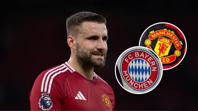 Image of Luke Shaw of Manchester United looks on during the Premier League match between Manchester United FC with an inset of the Manchester Unite...