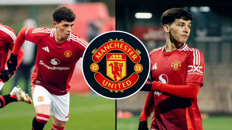 Split image of Shea Lacey in action for Manchester United U18s. Inset Manchester United club logo.