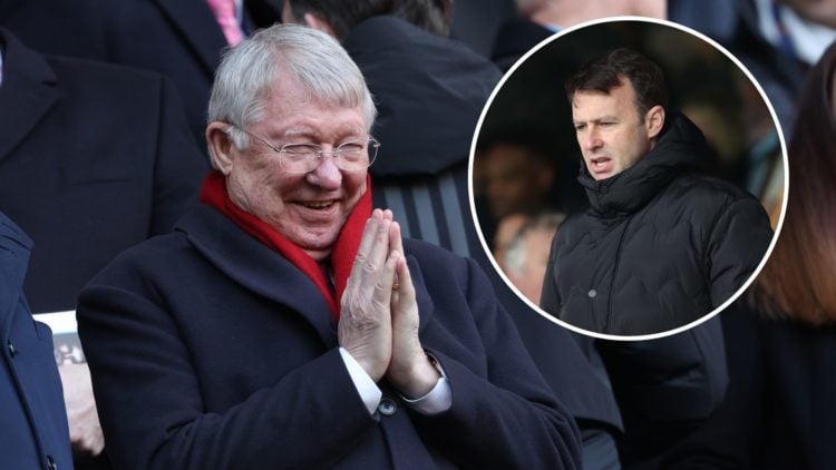 Sir Alex Ferguson prays during the Premier League match between Manchester City and Manchester United at Etihad Stadium on March 6, 2022. Inset, Cr...