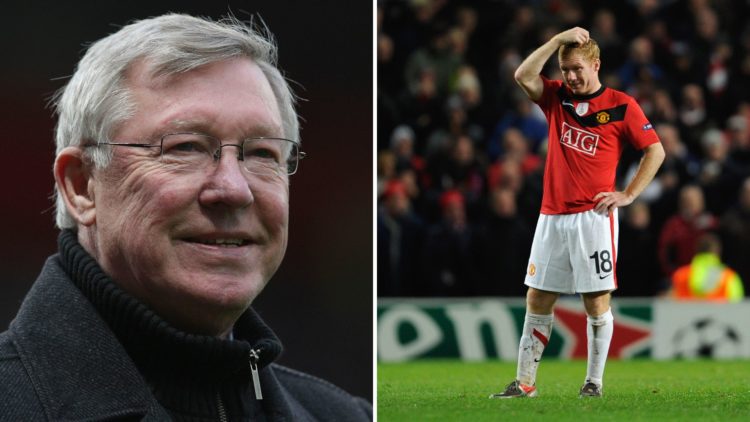 A split image of (L) Manchester United's Sir Alex Ferguson watching on against Blackburn Rovers at Old Trafford in 2011 and (R) Paul Scholes of Man...