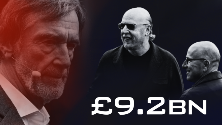 Composite image of Manchester United owners Sir Jim Ratcliffe, Avram Glazer and Joel Glazer with '£9.2bn' wordage