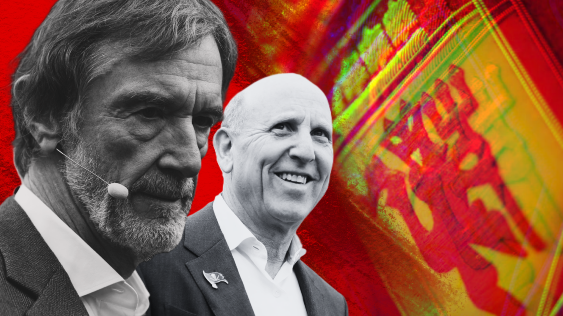 Composite image of Sir Jim Ratcliffe and Joel Glazer in black and white and an illustration of the Manchester United badge