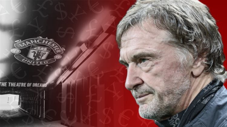 Composite image of the Manchester United tunnel at Old Trafford and Sir Jim Ratcliffe, overlaid with a money pattern