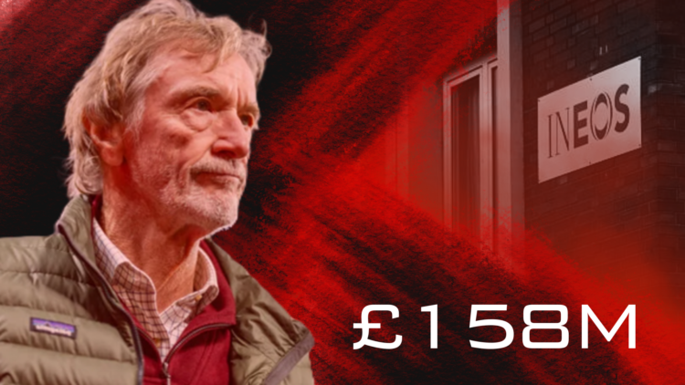 Manchester United co-owner Sir Jim Ratcliffe superimposed over an image of Ineos headquarters with '£158m' wordage