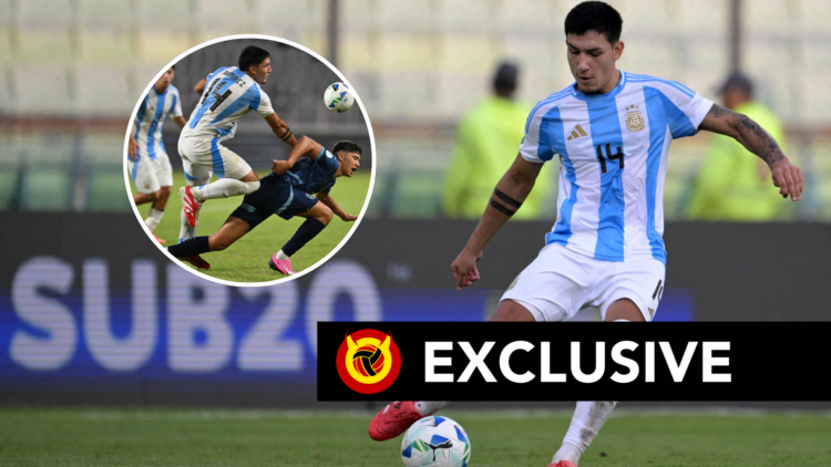 Tobias Ramirez on the ball for Argentina U20. Inset, Ramirez challenges for the ball during a game. Overlaid, United in Focus exclusive banner.
