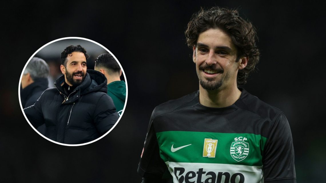Image of Francisco Trincao of Sporting CP with an inset of Manchester United manager Ruben Amorim