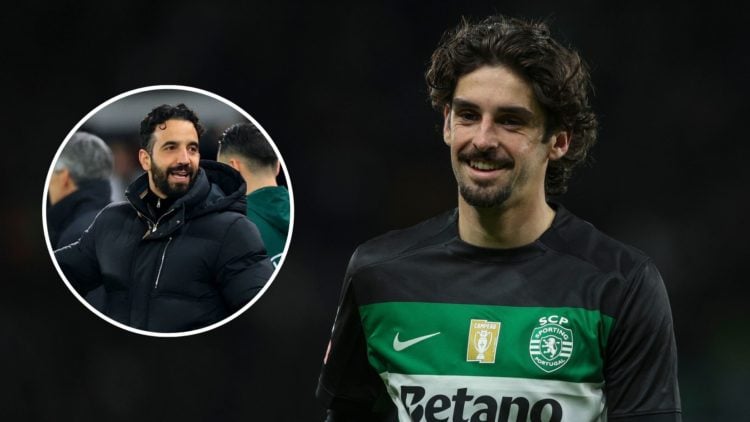 Image of Francisco Trincao of Sporting CP with an inset of Manchester United manager Ruben Amorim
