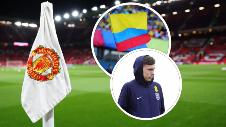 Empty Man Utd stadium at night, with badge on corner flag. Inset Colombia flag, inset Chris Rigg in England training gear