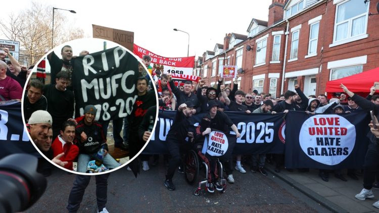 Fans of Manchester United march and protest against the clubs ownership, The Glazers and Sir Jim Ratcliffe during the Premier League match. Inset, ...