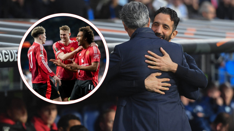Ruben Amorim hugs opposing manager, inset, three Manchester United players celebrate