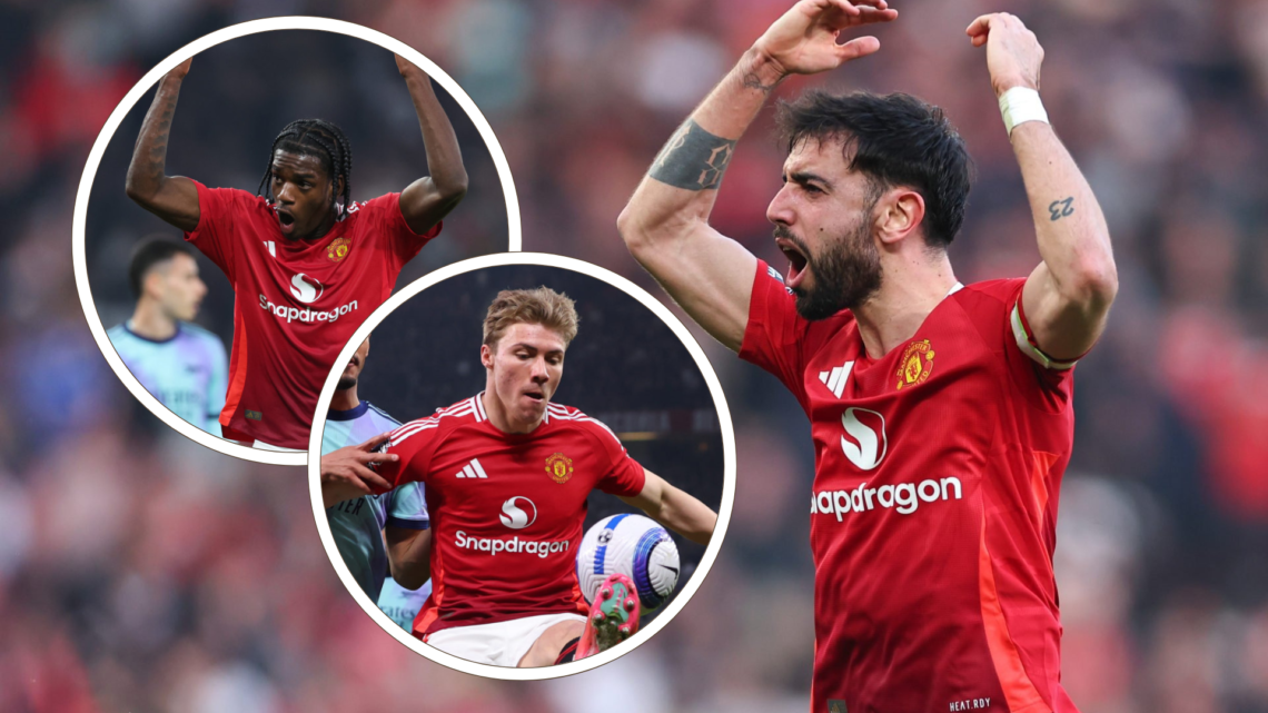 Bruno Fernandes celebrates with arms above his head, inset Ayden Heaven with arms above his head, inset Rasmus Hojlund tries to control the ball